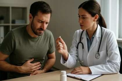 Lekárka predpisuje metronidazol pacientovi s bolesťami brucha