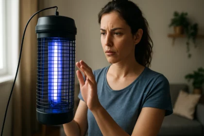 Žena skúma elektrický lapač hmyzu s modrým svetlom v domácnosti.