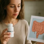 Žena s probiotikami a ilustráciou črevnej mikroflóry