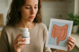 Žena s probiotikami a ilustráciou črevnej mikroflóry