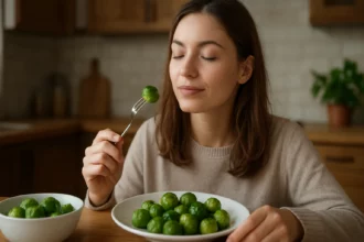 Žena vychutnávajúca si ružičkový kel na tanieri.