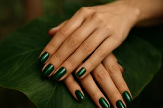 Smaragdovo zelené nechty na ruke s listom