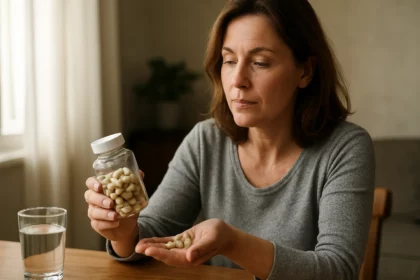 Žena zvažuje užitie kapsúl Vargastem s pohárom vody vedľa.