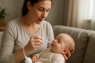 Matka používa nosovú odsávačku na bábätku pre lepšie dýchanie