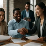 Skupina profesionálov diskutuje o obchodných príležitostiach.