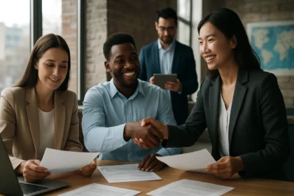 Skupina profesionálov diskutuje o obchodných príležitostiach.