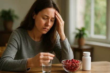 Žena trpiaca bolesťami s plazivou brusnicou ako prírodným liekom