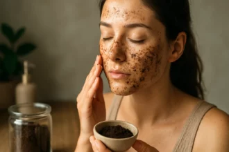 Žena s kávovou usadeninou na tvári pre ochranu pleti