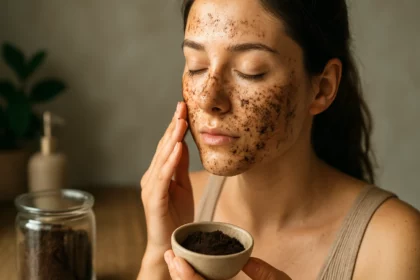 Žena s kávovou usadeninou na tvári pre ochranu pleti