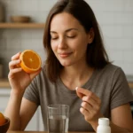 Žena s oranžovou alebo kyselinou askorbovou v ruke, sklo vody na stole