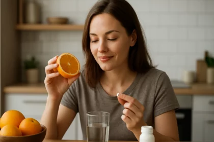 Žena s oranžovou alebo kyselinou askorbovou v ruke, sklo vody na stole