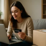 Žena nakupuje online s platobnou kartou na laptopu.