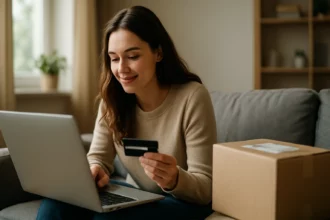 Žena nakupuje online s platobnou kartou na laptopu.