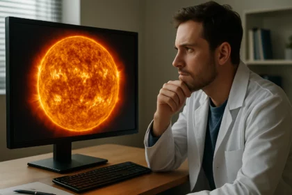 Vedec pozoruje Slnko na monitore, študuje jeho tajomstvá.