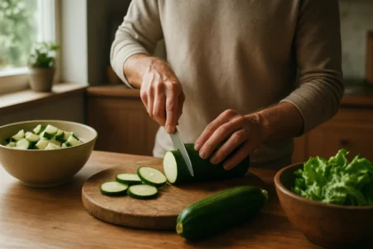 Muž krájajúci cuketu na drevenej doske v kuchyni.
