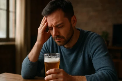 Muž so stresom sedí nad pohárom piva v útulnej miestnosti