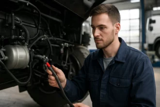 Mechanik pracuje na jednokáblovom vzduchovom brzdovom systéme vozidla.