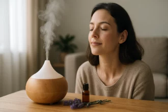 Žena si užíva difúziu levanduľového esenciálneho oleja v pokoji domova.