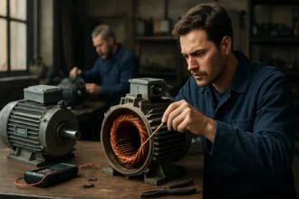 Údržba AC motora v dielni, odborník kontroluje rotor a stator