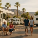 Rodiny a páry relaxujúce v americkom karavanovom parku