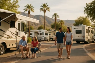 Rodiny a páry relaxujúce v americkom karavanovom parku