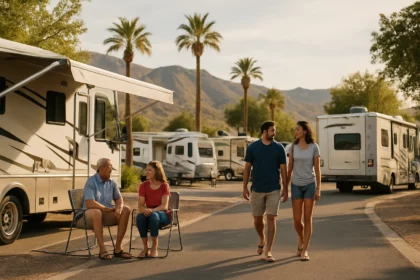 Rodiny a páry relaxujúce v americkom karavanovom parku