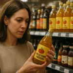 Žena skúma fľašu jablčného octu v obchode medzi inými produktmi.