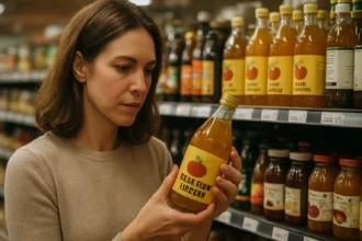 Žena skúma fľašu jablčného octu v obchode medzi inými produktmi.