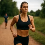 Žena trénujúca intervalový beh na červenej ceste v prírode.