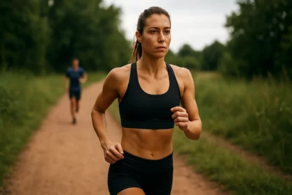 Žena trénujúca intervalový beh na červenej ceste v prírode.