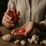 Ručne držané koralové kamene na drevenom stole.