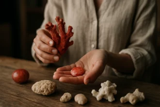 Ručne držané koralové kamene na drevenom stole.