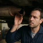 Mechanik kontroluje deravú výfukovú sústavu pod autom