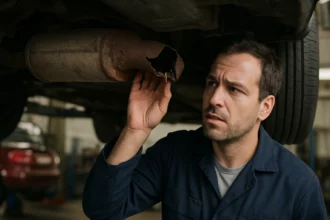 Mechanik kontroluje deravú výfukovú sústavu pod autom