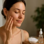 Žena nanáša na pleť sodnú soľ kyseliny hyalurónovej na hydratáciu.