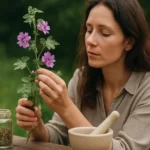 Žena skúma slez lesný s fialovými kvetmi pri prírodnej starostlivosti.