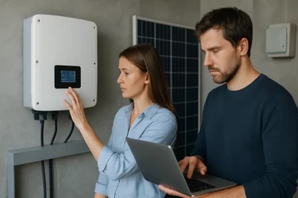 Muž a žena skúmajú invertor a využívanie slnečnej energie.