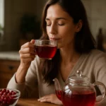 Žena vychutnáva čaj z brusníc pri stole s miskou brusníc.