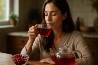 Žena vychutnáva čaj z brusníc pri stole s miskou brusníc.