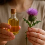 Fľaša oleja z pestreca mariánskeho a rastlina s fialovými kvetmi.