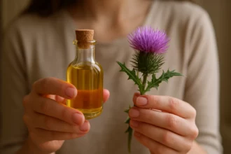 Fľaša oleja z pestreca mariánskeho a rastlina s fialovými kvetmi.