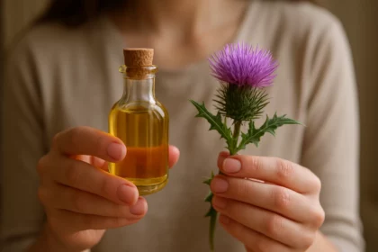 Fľaša oleja z pestreca mariánskeho a rastlina s fialovými kvetmi.