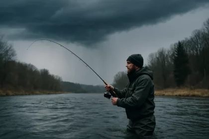 Rybár v rieke počas studeného frontu s pochmúrnym počasím