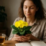 Žena s prvosienkou a bylinkovým čajom na drevenom stole.