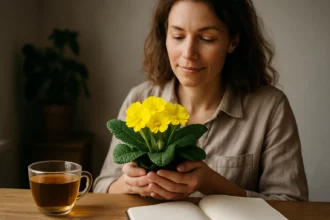 Žena s prvosienkou a bylinkovým čajom na drevenom stole.