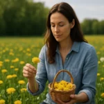 Žena zbiera púpavy v rozkvetlej púpavovej lúke.