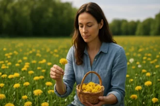 Žena zbiera púpavy v rozkvetlej púpavovej lúke.