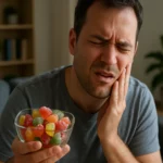 Muž s bolestivým výrazom držiaci misku gumových cukríkov.