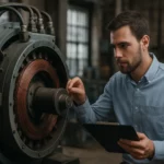 Muž analyzujúci elektrický generátor s technickým zariadením