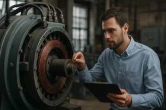 Muž analyzujúci elektrický generátor s technickým zariadením